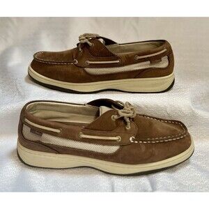 LL Bean Boat Shoes Suede Leather Mesh Lace Up Womens 11 Brown Cream Preppy Yacht